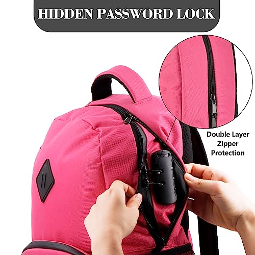 OZCHIN Medium Backpack with Combination Lock, Smell Proof - Classics Backpack Travel bags for Men Women (Rose Red)