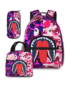 ybygbb backpack shark teeth camo backpacks set with lunch box pencil case travel laptop daypack big capacity bookbag fashion durable back pack pink