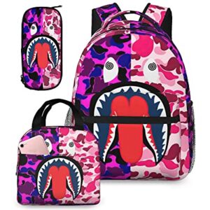 YBYGBB Backpack Shark Teeth Camo Backpacks Set with Lunch Box Pencil Case Travel Laptop Daypack Big Capacity Bookbag Fashion Durable Back Pack PINK