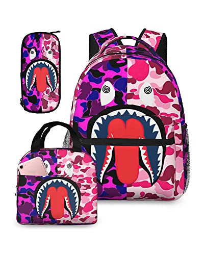 YBYGBB Backpack Shark Teeth Camo Backpacks Set with Lunch Box Pencil Case Travel Laptop Daypack Big Capacity Bookbag Fashion Durable Back Pack PINK