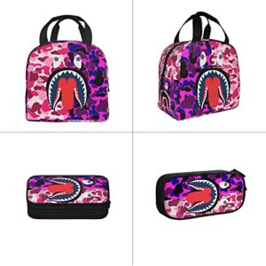 YBYGBB Backpack Shark Teeth Camo Backpacks Set with Lunch Box Pencil Case Travel Laptop Daypack Big Capacity Bookbag Fashion Durable Back Pack PINK