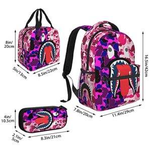 YBYGBB Backpack Shark Teeth Camo Backpacks Set with Lunch Box Pencil Case Travel Laptop Daypack Big Capacity Bookbag Fashion Durable Back Pack PINK