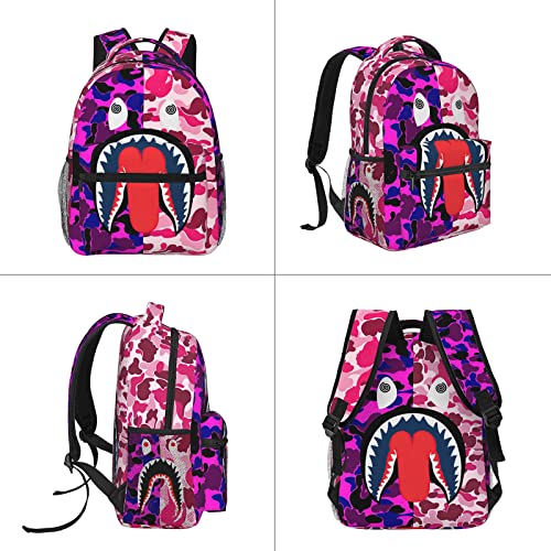 YBYGBB Backpack Shark Teeth Camo Backpacks Set with Lunch Box Pencil Case Travel Laptop Daypack Big Capacity Bookbag Fashion Durable Back Pack PINK