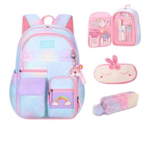 fmceuex kawaii backpack for boy girls, rainbow starry school backpacks with compartments applicable to laptop bag travel bag book bag, blue medium 16.5in