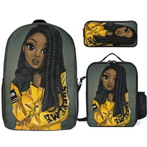 fdaslj african american black girl backpack 3 in 1 book bag daypack with lunch bag/box pencil case