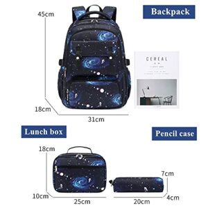 Mildame Galaxy Backpack for Boys with Lunch Box Set, 3Pcs Boys Bookbag for Elementary, 3 in 1 Teens Space Printed School Bag