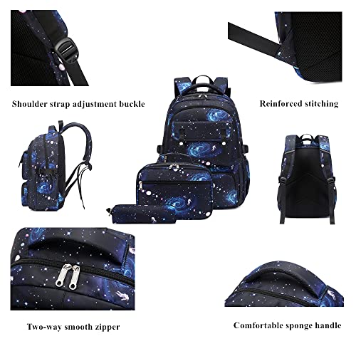 Mildame Galaxy Backpack for Boys with Lunch Box Set, 3Pcs Boys Bookbag for Elementary, 3 in 1 Teens Space Printed School Bag