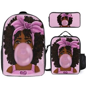fdaslj african black girl backpack 3 in 1 pink book bag daypack with lunch bag/box pencil case