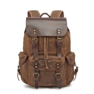 jahomieo vintage leather backpack for men, waxed canvas laptop shoulder rucksack for travel hiking