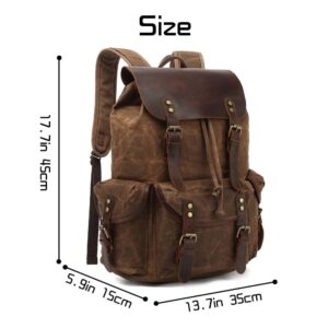 Jahomieo Vintage Leather Backpack for Men, Waxed Canvas Laptop Shoulder Rucksack for Travel Hiking