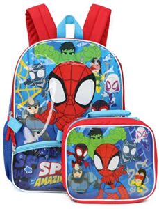 marvel 16'' full size spidey and his amazing friends backpack lunchbox set bookbag school set, blue/red