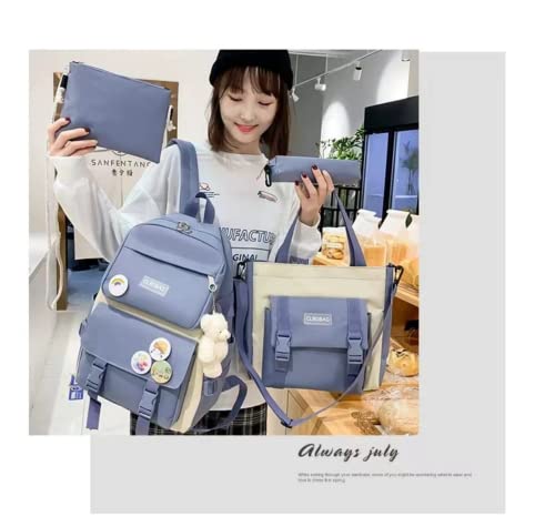 Teslawi kawaii backpack 4Pcs Set Aesthetic backpack 17in backpack，with Kawaii Pendants，Crossbody Bag ，Pencil Case, Handbag (Blue)