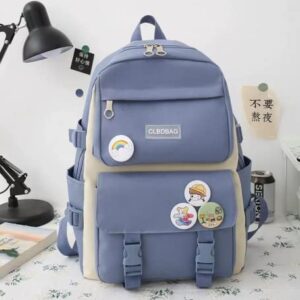 Teslawi kawaii backpack 4Pcs Set Aesthetic backpack 17in backpack，with Kawaii Pendants，Crossbody Bag ，Pencil Case, Handbag (Blue)