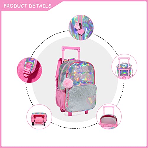 Oruiji Pink Rolling Backpack for Girls Backpack with Wheels Kids Wheeled School Backpack for Girls 8-12 Students Bookbag Roller Luggage Suitcase