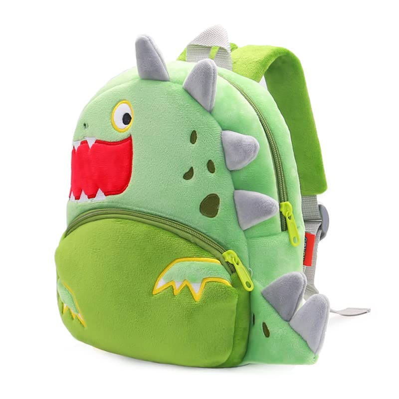 Politesse & Romance Toddler Backpack Zoo Animals Cute Plush Bag Cartoon Mini Preschool Backpack School Bag for Baby Girl Boy (Green Dinosaur)