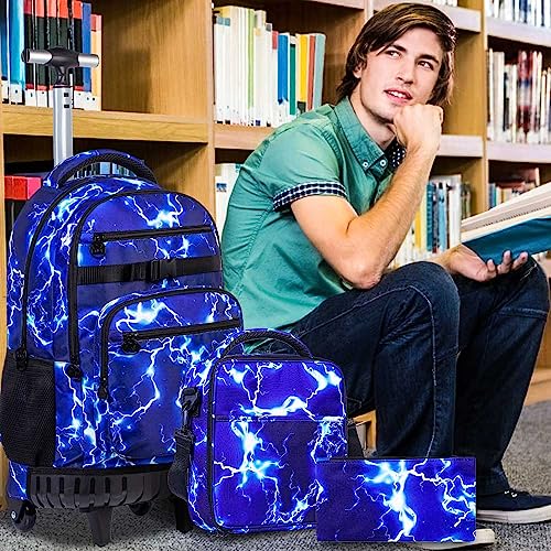 AGSDON Rolling Backpack for boys, Men Roller Wheels Bookbag, Laptop Wheeled School Bag with Wheels for Teens - Blue