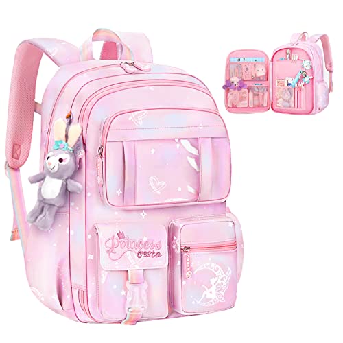 Nzahdwu Cute Kids Backpacks 18.1" Laptop Backpack Anti Theft Travel Backpack Kawaii Backpacks for Ages 6-12 Girls Lightweight Waterproof School Backpck (Pink)