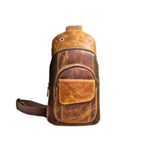 handmade buffalo leather travel hiking crossbody chest sling multipurpose shoulder strap backpack bag for men and womens (brown, large)