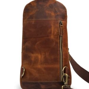 Handmade Buffalo Leather Travel Hiking Crossbody Chest Sling Multipurpose Shoulder Strap Backpack Bag for Men and Womens (Brown, Large)