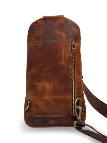 Handmade Buffalo Leather Travel Hiking Crossbody Chest Sling Multipurpose Shoulder Strap Backpack Bag for Men and Womens (Brown, Large)