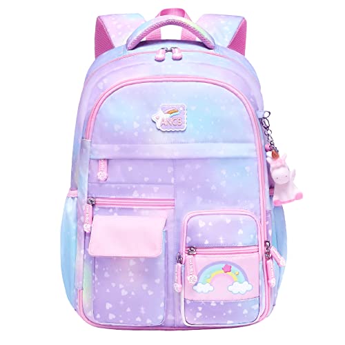 BIAOGOD Girls Backpack Cute Backpack with Compartment,Kids,Primary School Students, Junior High School School Bag (Gradient Purple, Large)