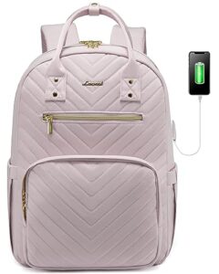 lovevook laptop backpack for women, large capacity travel backpack with luggage strap, stylish women backpack with usb port, quilted work backpack for college business 15.6 inch, light dusty pink