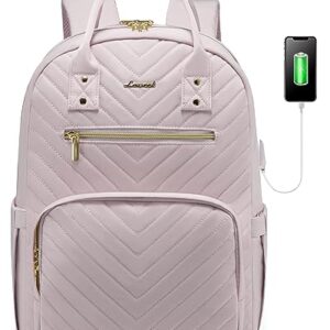 LOVEVOOK Laptop Backpack for Women, Large Capacity Travel Backpack with Luggage Strap, Stylish Women Backpack with USB Port, Quilted Work Backpack for College Business 15.6 Inch, Light Dusty Pink