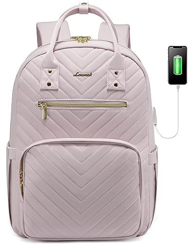 LOVEVOOK Laptop Backpack for Women, Large Capacity Travel Backpack with Luggage Strap, Stylish Women Backpack with USB Port, Quilted Work Backpack for College Business 15.6 Inch, Light Dusty Pink