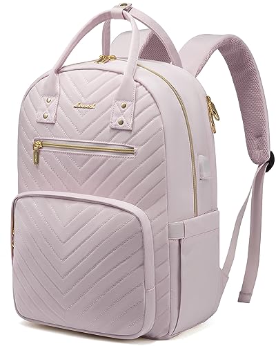 LOVEVOOK Laptop Backpack for Women, Large Capacity Travel Backpack with Luggage Strap, Stylish Women Backpack with USB Port, Quilted Work Backpack for College Business 15.6 Inch, Light Dusty Pink