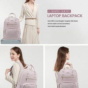 LOVEVOOK Laptop Backpack for Women, Large Capacity Travel Backpack with Luggage Strap, Stylish Women Backpack with USB Port, Quilted Work Backpack for College Business 15.6 Inch, Light Dusty Pink