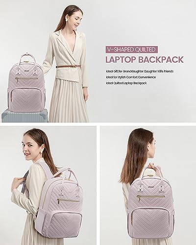 LOVEVOOK Laptop Backpack for Women, Large Capacity Travel Backpack with Luggage Strap, Stylish Women Backpack with USB Port, Quilted Work Backpack for College Business 15.6 Inch, Light Dusty Pink