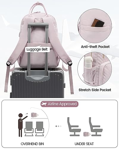 LOVEVOOK Laptop Backpack for Women, Large Capacity Travel Backpack with Luggage Strap, Stylish Women Backpack with USB Port, Quilted Work Backpack for College Business 15.6 Inch, Light Dusty Pink