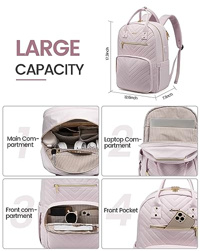 LOVEVOOK Laptop Backpack for Women, Large Capacity Travel Backpack with Luggage Strap, Stylish Women Backpack with USB Port, Quilted Work Backpack for College Business 15.6 Inch, Light Dusty Pink