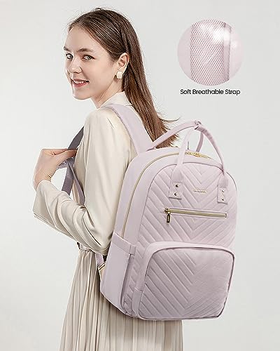 LOVEVOOK Laptop Backpack for Women, Large Capacity Travel Backpack with Luggage Strap, Stylish Women Backpack with USB Port, Quilted Work Backpack for College Business 15.6 Inch, Light Dusty Pink