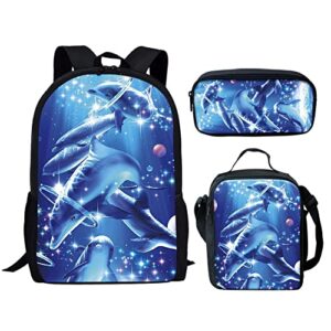hugs idea blue dolphin print 3pcs backpack for girls kids school bags set with lunch box pencil case student bookbag outdoor daypack