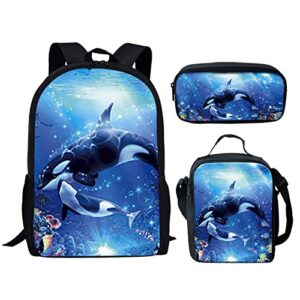hugs idea orca killer whale print 3pcs school backpacks set for girls schoolbags with lunch box pencil case bookbags casual daypack 3 in 1