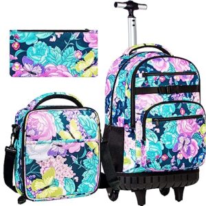 rolling backpack for girls, 21 inch water resistant flowers butterfly bookbag with roller wheels, elementary wheeled backpacks for teens students school travel