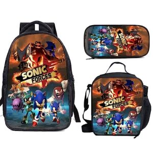 ikbagvbk anime super 3 piece kids backpack set，superhero knuckles boys girls study schoolbag，hedgehog bookbag with lunch box & pencil case combo set