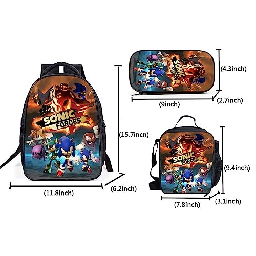 IKBAGVBK Anime Super 3 Piece Kids Backpack Set，Superhero Knuckles Boys Girls Study Schoolbag，Hedgehog Bookbag with Lunch Box & Pencil Case Combo Set