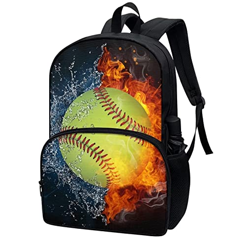 Talayituse Softball Print School Shoulder Bag for Teen Girls Boys Water and Fire Design Bookbag Backpack with Front Zipper Pocket