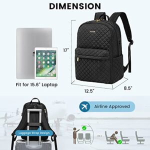 LOVEVOOK Laptop Backpack Purse for Women Quilted Travel Backpack with Dual Computer Compartment Fashion 15.6 Inch Airline Approved Large Teacher Nurse Bag for Work Business College, Black
