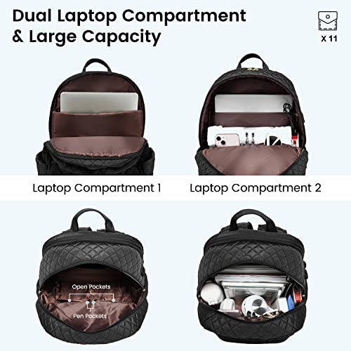 LOVEVOOK Laptop Backpack Purse for Women Quilted Travel Backpack with Dual Computer Compartment Fashion 15.6 Inch Airline Approved Large Teacher Nurse Bag for Work Business College, Black