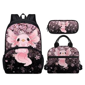 uourmeti cherry blossom axolotl backpack for girls middle school bag and lunch bag pencil case 3 in 1 book bags for kids elementary school bag with water bottle holder lightweight travel rucksack