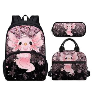 Uourmeti Cherry Blossom Axolotl Backpack for Girls Middle School Bag and Lunch Bag Pencil Case 3 In 1 Book Bags for Kids Elementary School Bag with Water Bottle Holder Lightweight Travel Rucksack