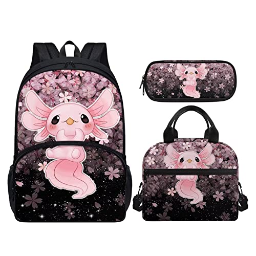 Uourmeti Cherry Blossom Axolotl Backpack for Girls Middle School Bag and Lunch Bag Pencil Case 3 In 1 Book Bags for Kids Elementary School Bag with Water Bottle Holder Lightweight Travel Rucksack