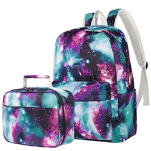 Airyard School Backpack for Teen Girls, Lightweight Girls Womens Backpack with Lunch Box Set Kids Backpack Casual Daypack BookBag (Galaxy Green)