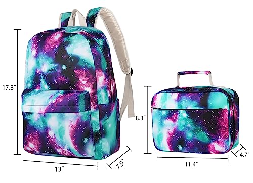 Airyard School Backpack for Teen Girls, Lightweight Girls Womens Backpack with Lunch Box Set Kids Backpack Casual Daypack BookBag (Galaxy Green)