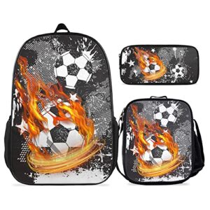 kxzoylm fire soccer backpack cool football school backpacks 3 pieces set camo soccer school bookbag with lunch bag and pencil case casual soccer shoulder bag for boys girls teens