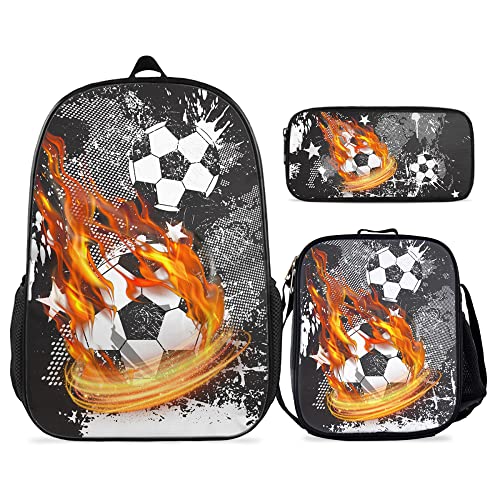 KXZOYLM Fire Soccer Backpack Cool Football School Backpacks 3 Pieces Set Camo Soccer School Bookbag with Lunch Bag And Pencil Case Casual Soccer Shoulder Bag for Boys Girls Teens