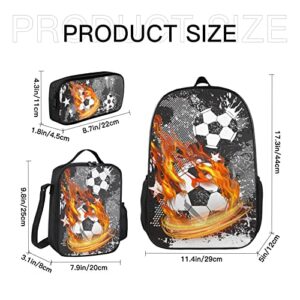 KXZOYLM Fire Soccer Backpack Cool Football School Backpacks 3 Pieces Set Camo Soccer School Bookbag with Lunch Bag And Pencil Case Casual Soccer Shoulder Bag for Boys Girls Teens